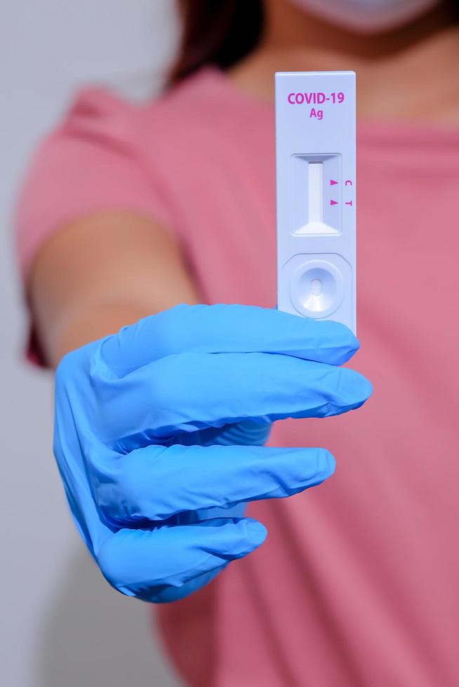 Closeup of a Corona virus disease. Healthcare kit for test COVID-19 Rapid antigen  ,Quick Detection Testing , Comfortable for test at home by self. photo