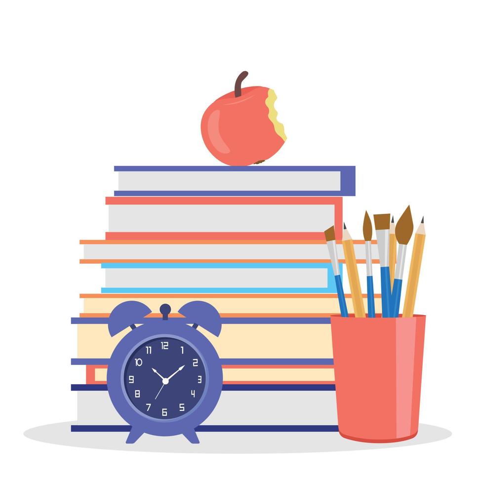 Background on the theme back to school. Alarm clock and stapler and an apple with a stack of books as a concept of a new academic year, student life, distance learning, quality education. vector