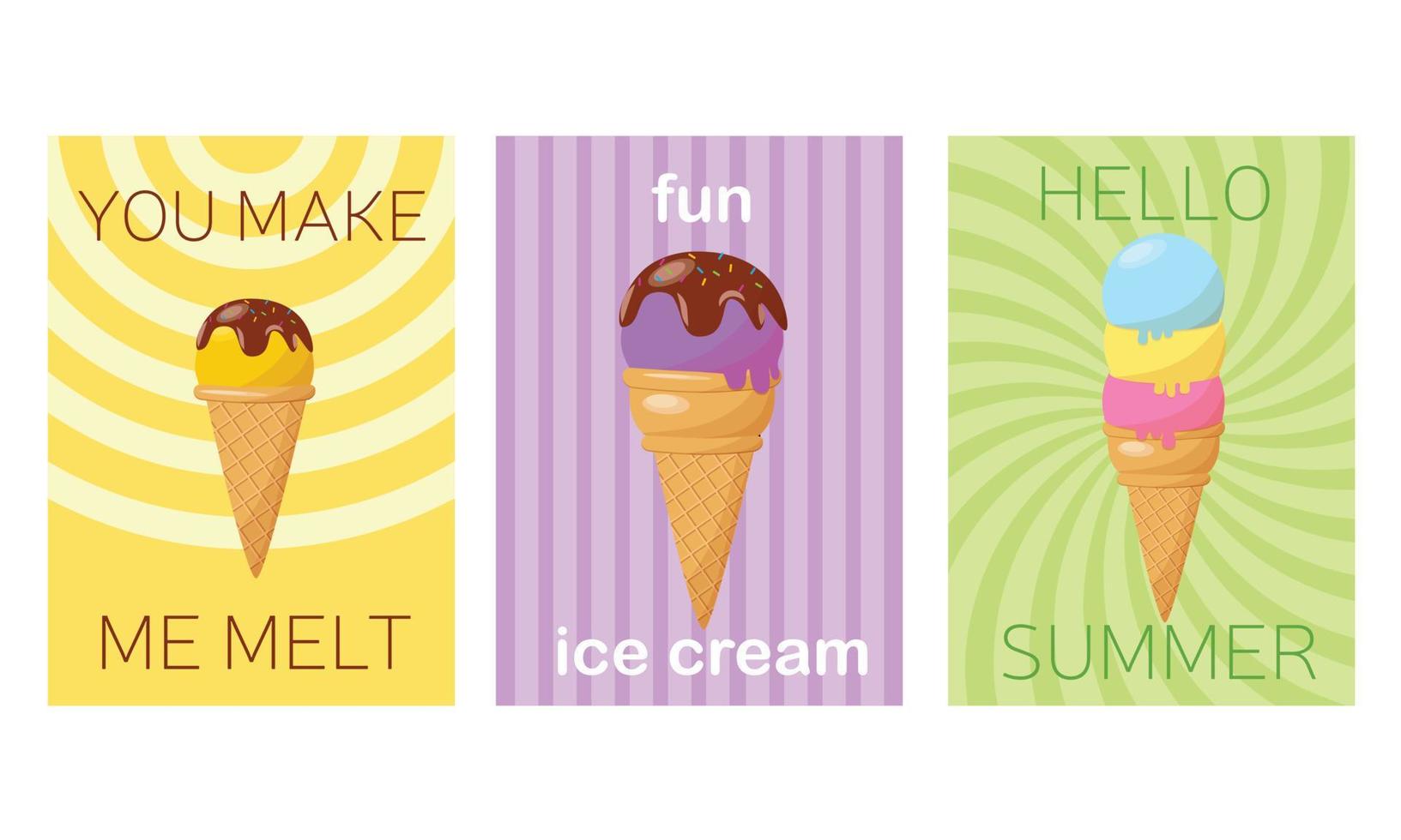 conjunto de tarjetas de verano en diseño de patrones, afiche, plantilla, saludo, tarjetas, helado, polígono, ilustraciones vectoriales vector