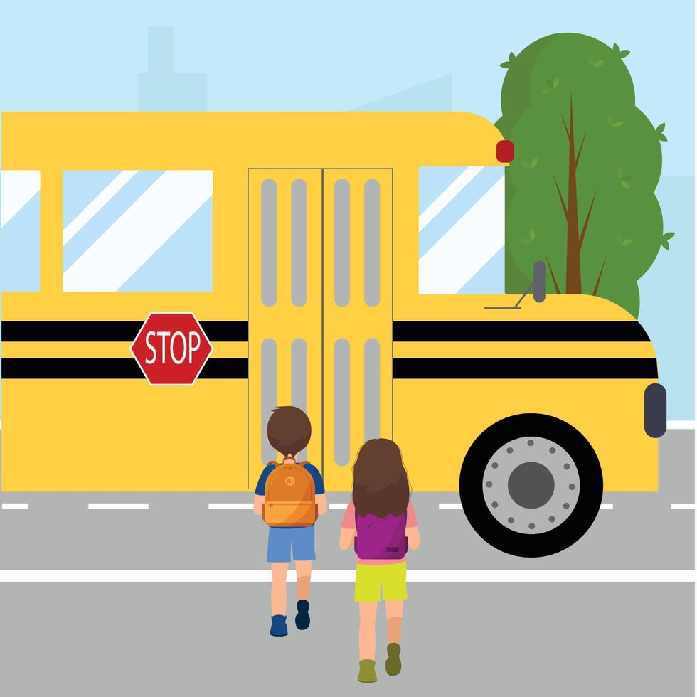 School bus kids. Students enter yellow transport, children group goes to classes, urban landscape, girls and boys with backpacks. Transportation of young cute pupils. Flat vector cartoon concept