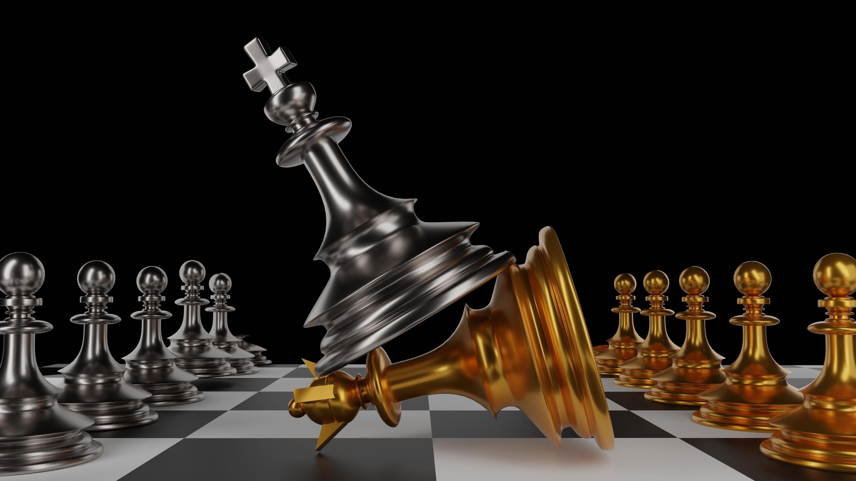 Group Of Chess Pieces Stand On A Black Chessboard Background, 3d