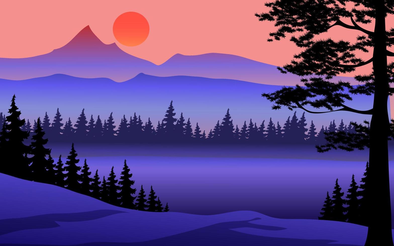 panorama de la puesta de sol de montaña con bosque de niebla vector