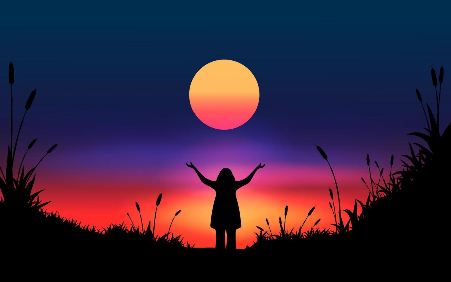 Night scene background with woman silhouette and full moon vector