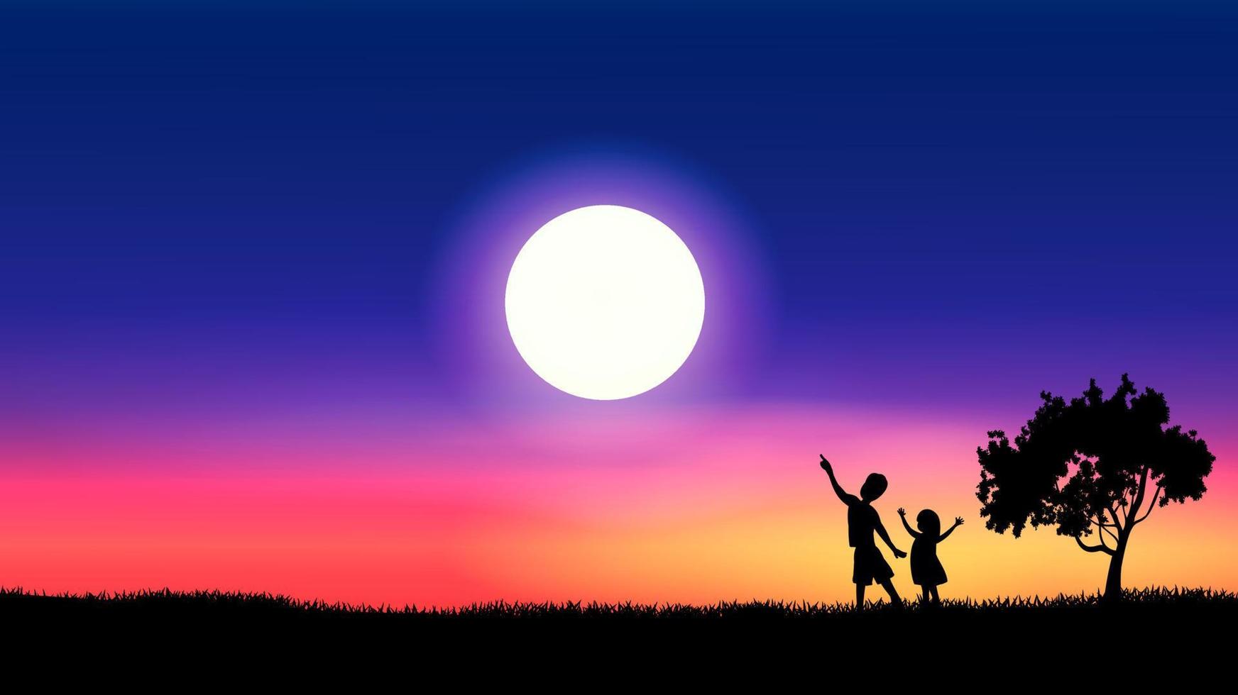 Fantasy night nature background with children and the moon vector