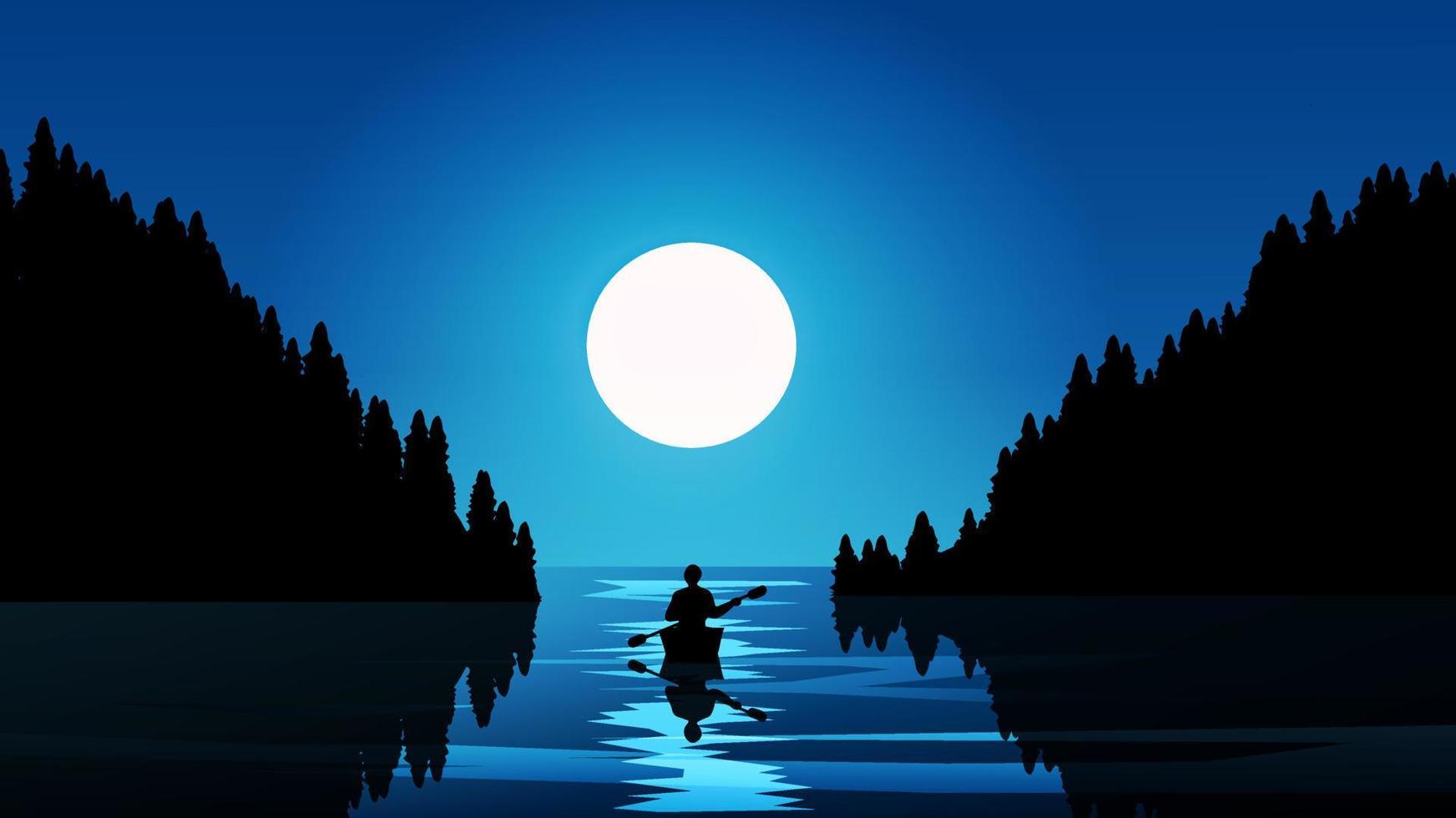 Full moon in coast with a man on canoe vector