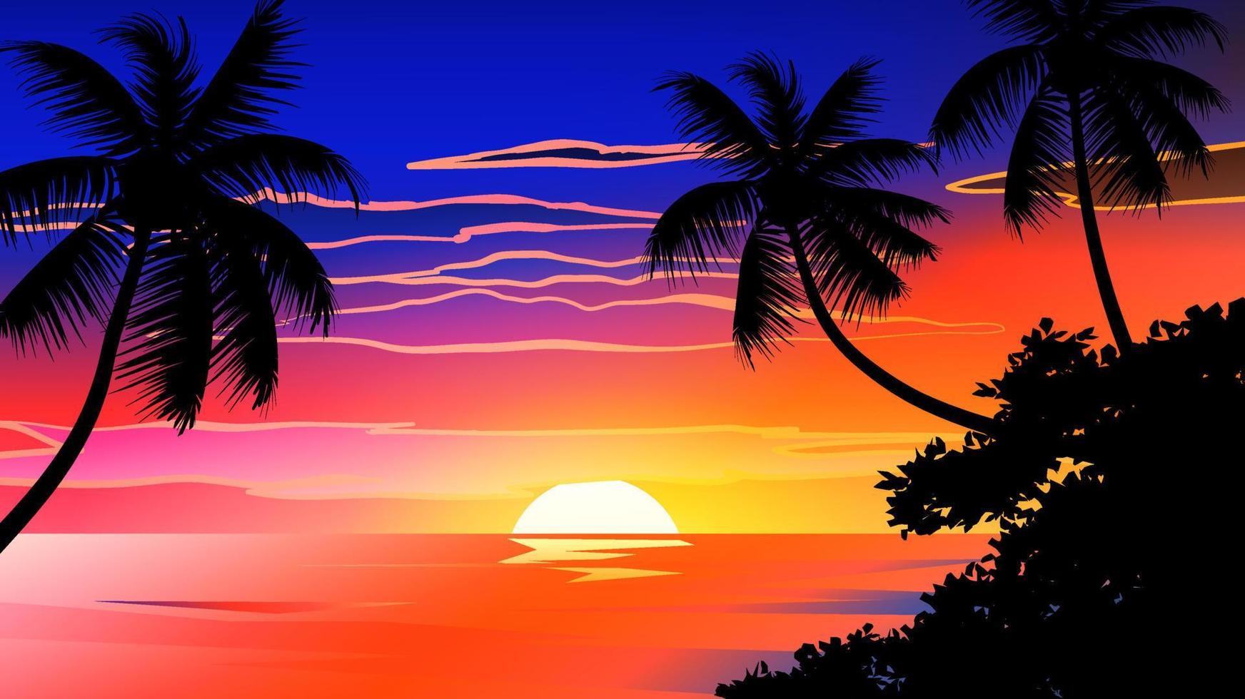 Coconut trees in silhouette against sunset nature background vector