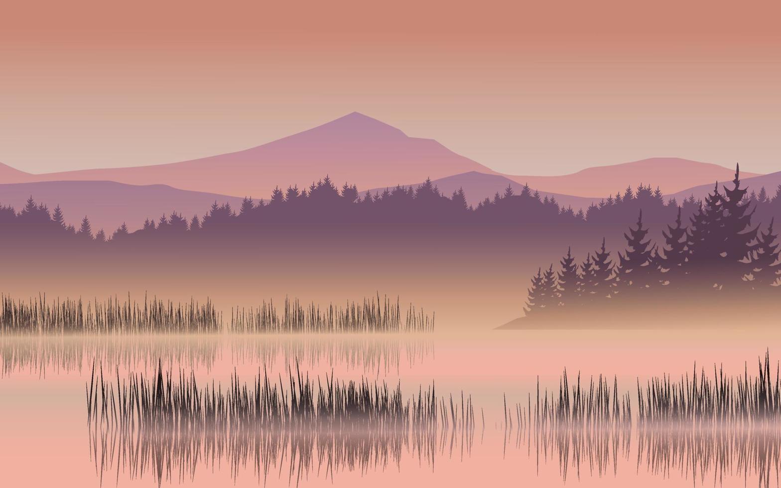 Foggy mountain lake vector landscape illustration