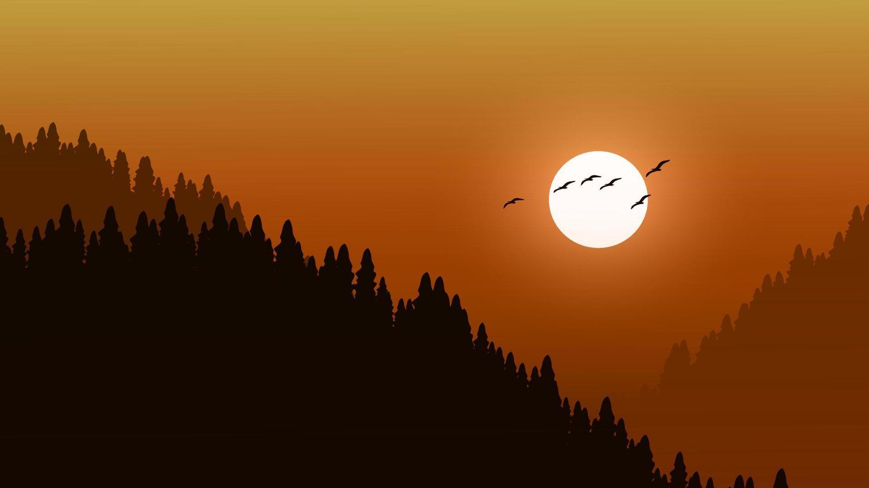 Minimal sunset landscape with mountains in silhouette vector