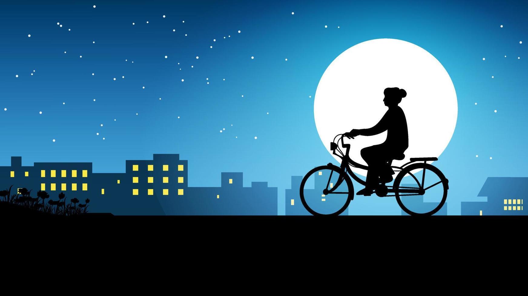 chica en silueta montando bicicleta por la noche vector