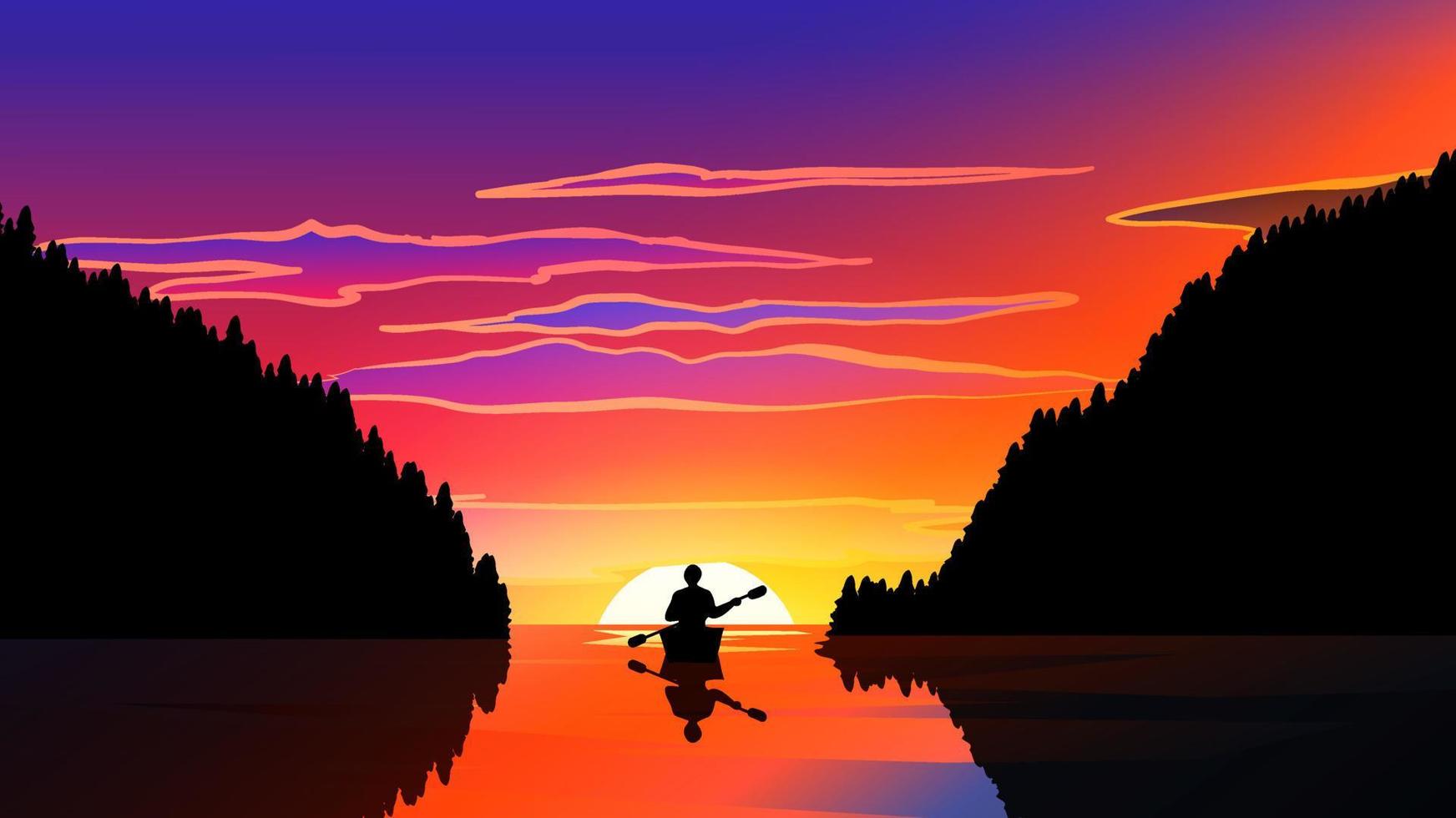 Sunset in coast with a man on canoe vector