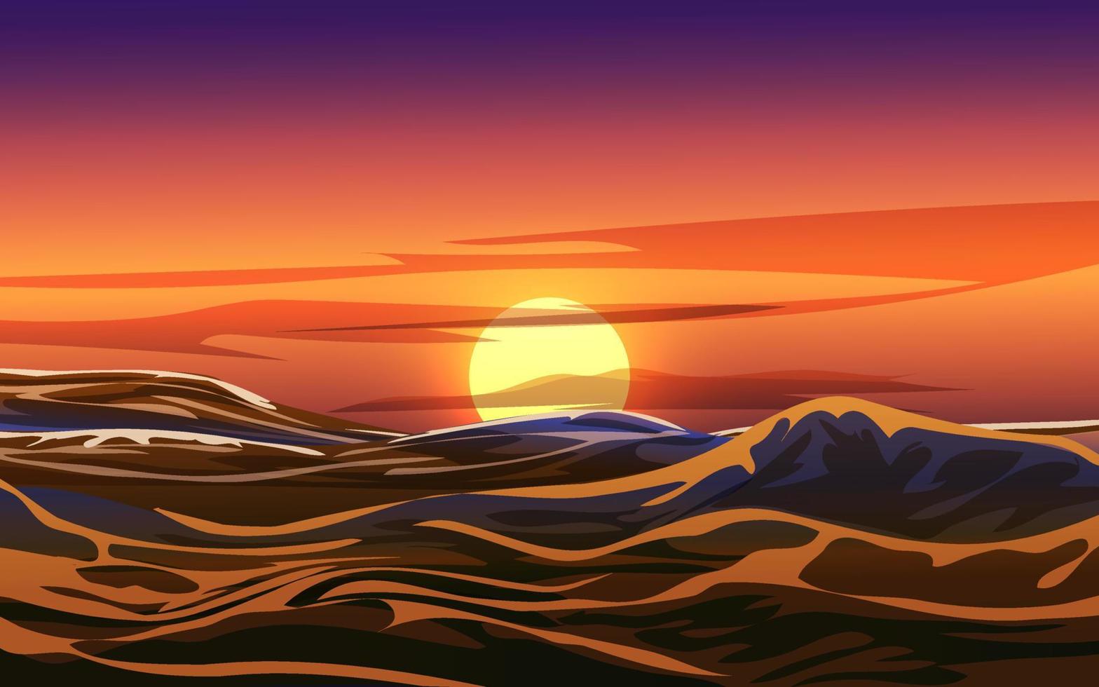 Sunset vector background with ocean waves