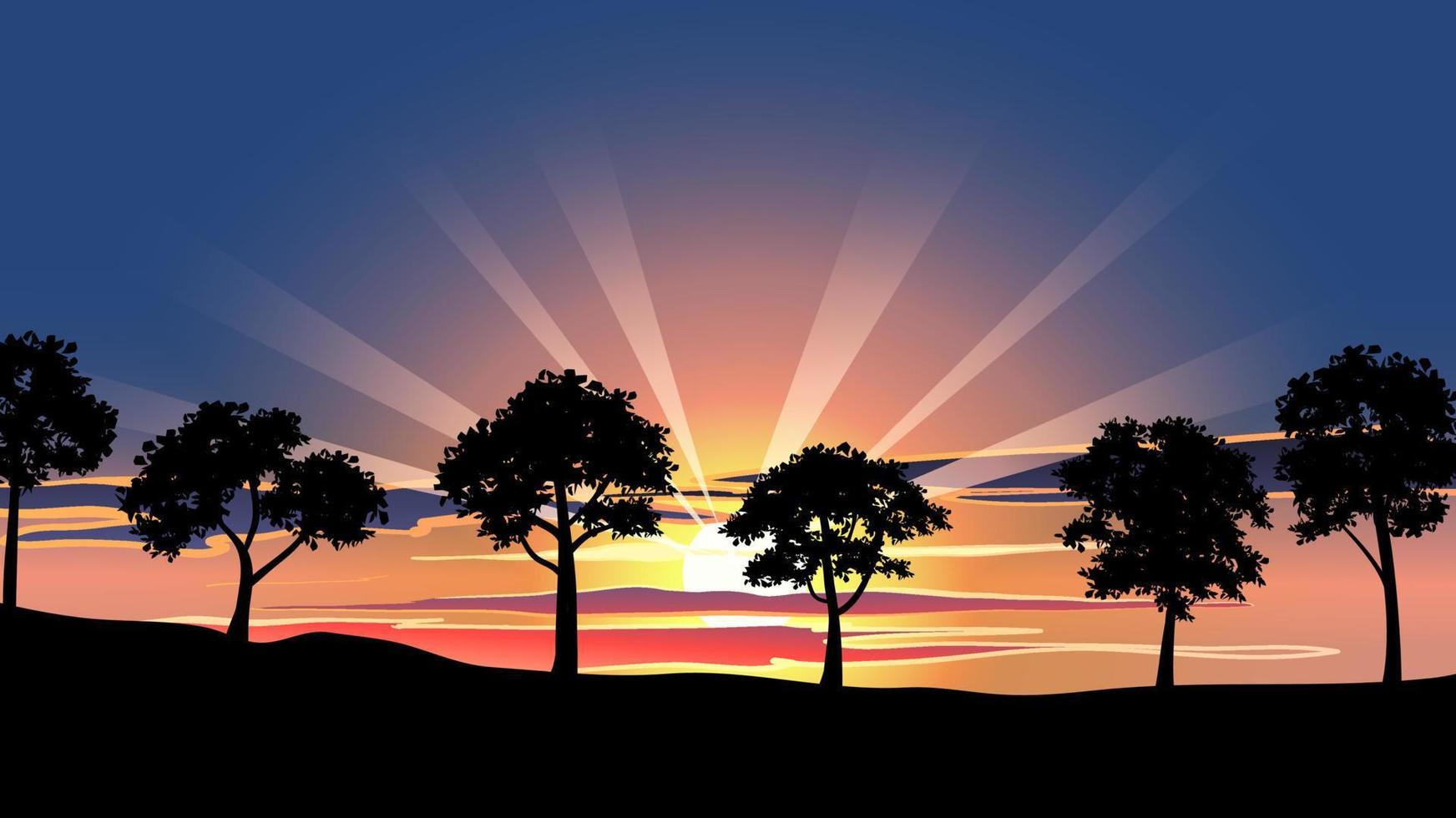 Tree silhouette against sunset sky nature background with sunburst vector