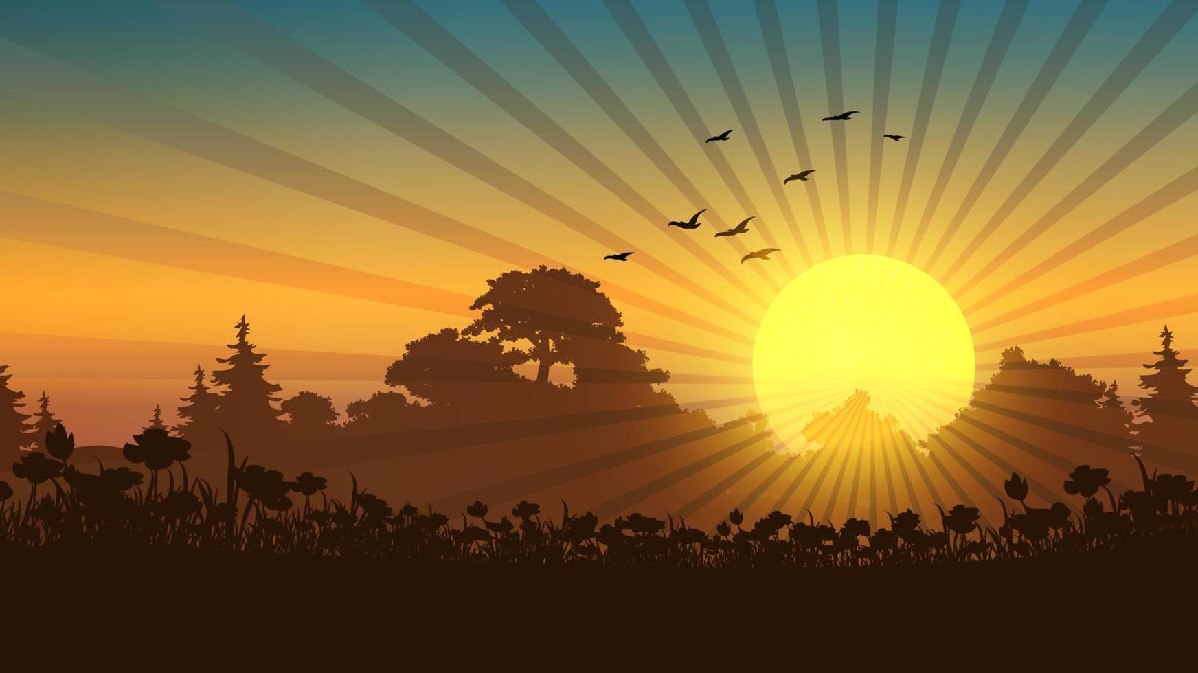 Sunrise in forest silhouette abstract nature illustration vector