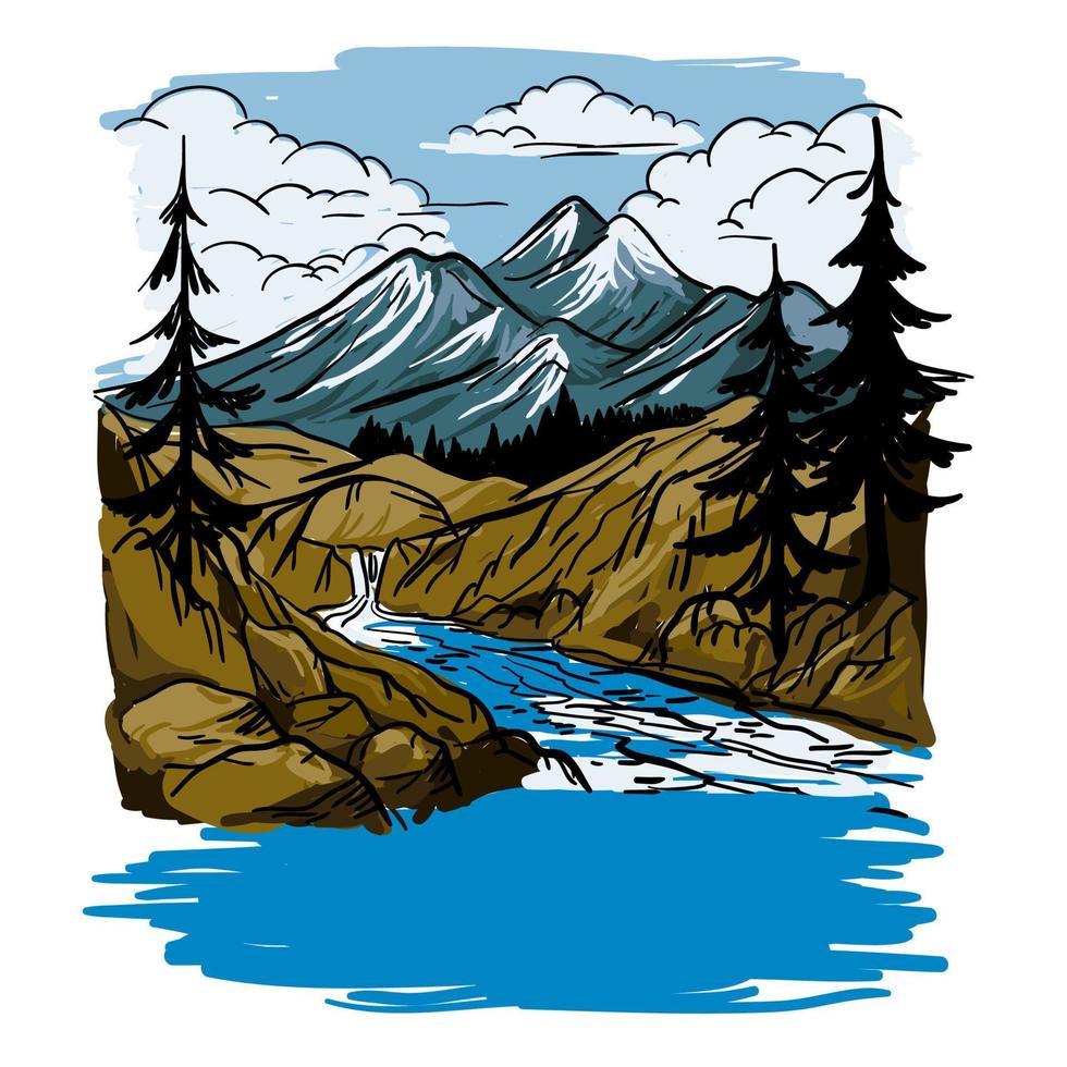 vintage mountain river nature illustration vector