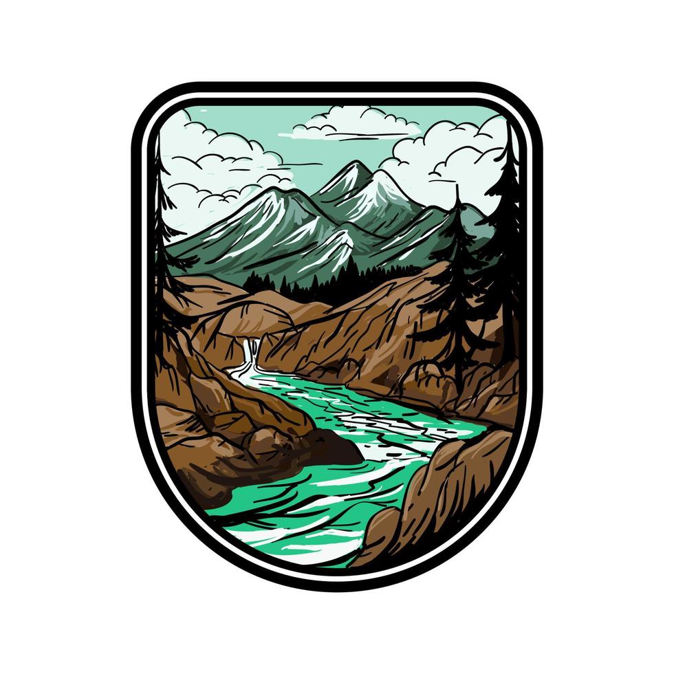 Vector vintage logo mountain illustration with river