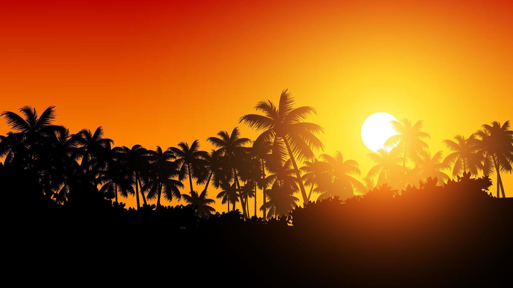 fondo de naturaleza tropical al atardecer con silueta de palmeras y rayos de sol sobre los árboles vector