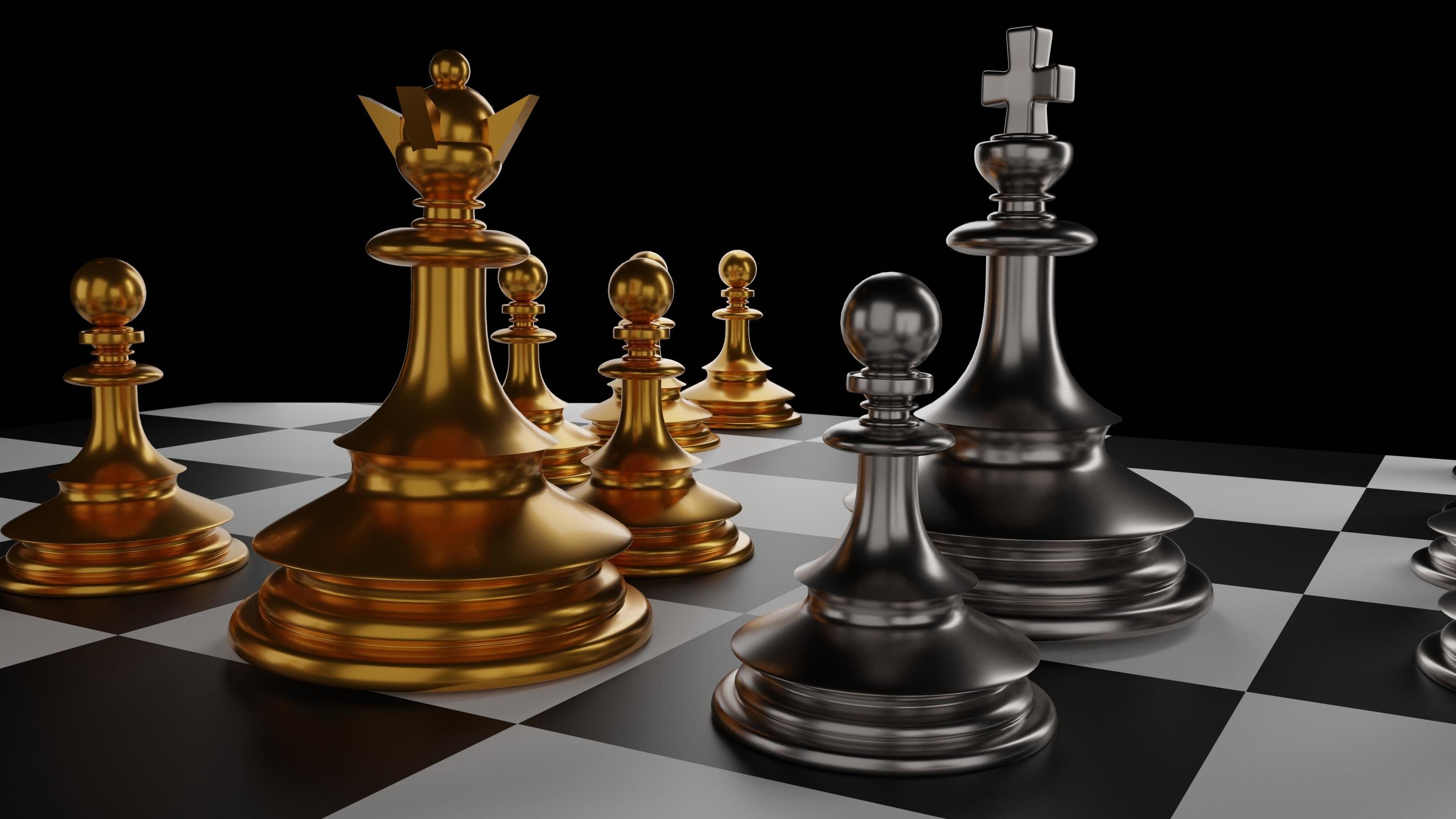 Chess King And Queen On A Black Background 3d Rendering Wallpaper