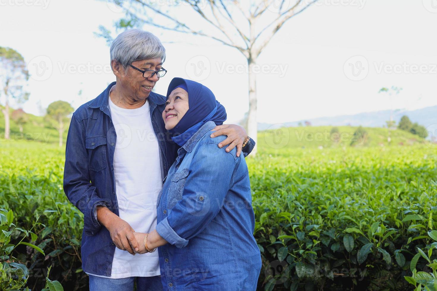 Asian Elderly couple. Joyful nice elderly couple smiling while being in a great mood at tea plantation. photo