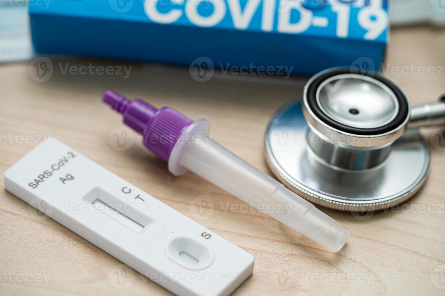 Set of Saliva Antigen Test Kit for check Covid-19 coronavirus use in home. photo