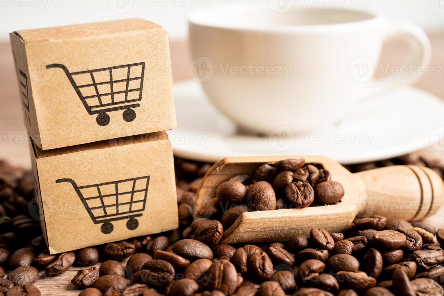 Box with shopping cart logo symbol on coffee beans, Import Export Shopping online or eCommerce delivery service store product shipping, trade, supplier concept. photo