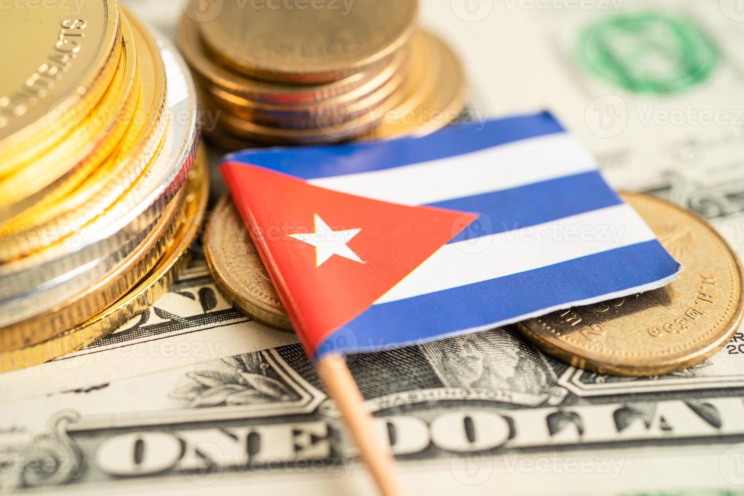 Stack of coins money with Cuba flag, finance banking concept. photo