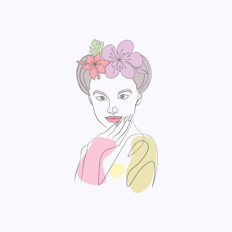 Line drawing floral woman face girl line art with hand and body vector