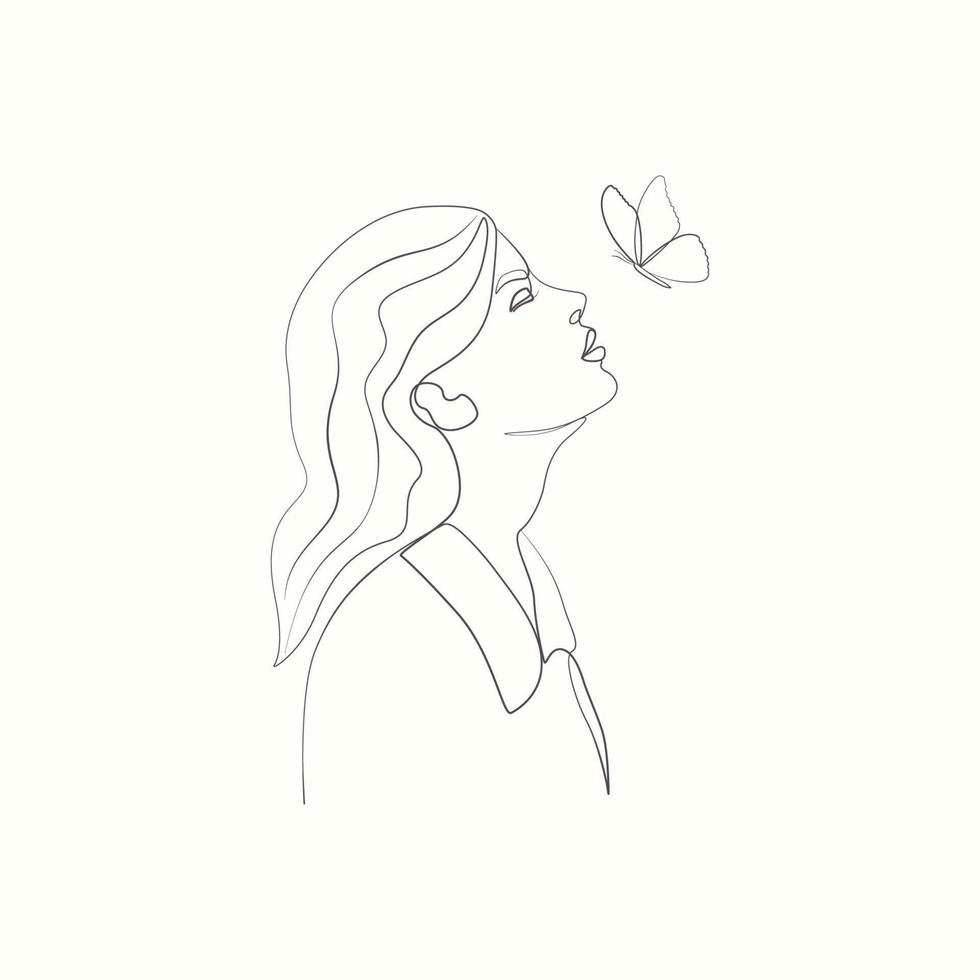 Beauty woman and butterfly line art drawing lady sketch vector
