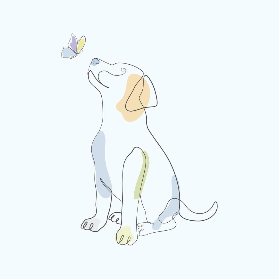 perro y mariposa arte de una línea dibujo boceto a color vector