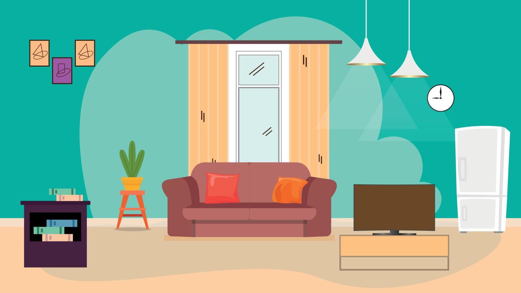 Interior of living room with sofa, lamp, window vector