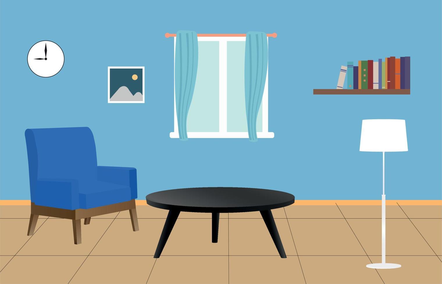 sala de estar moderna con muebles con mini mesa, lámpara, libro, reloj y ventana ilustración vectorial vector