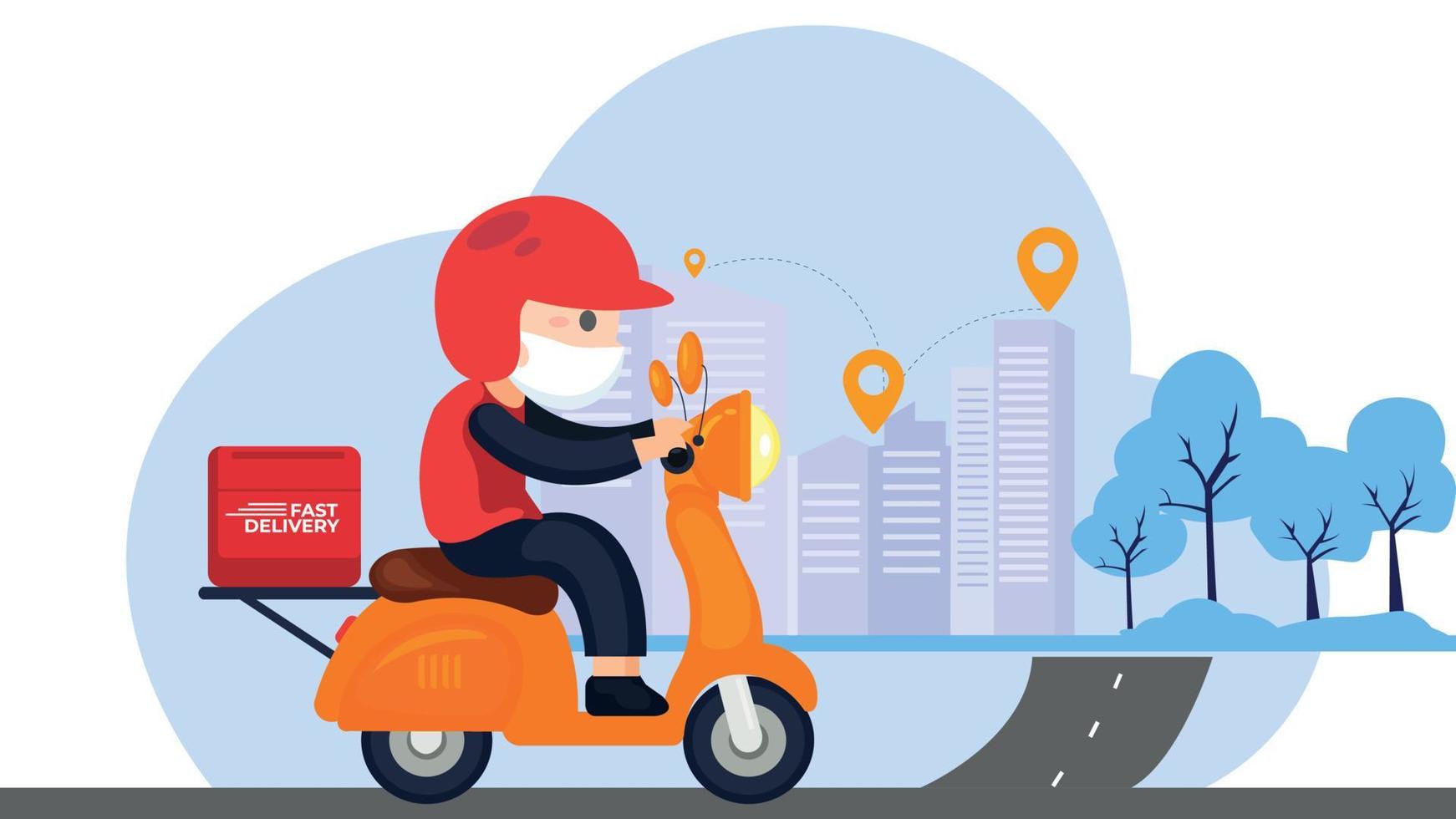 Delivery boy on a scooter with food case box driving fast vector