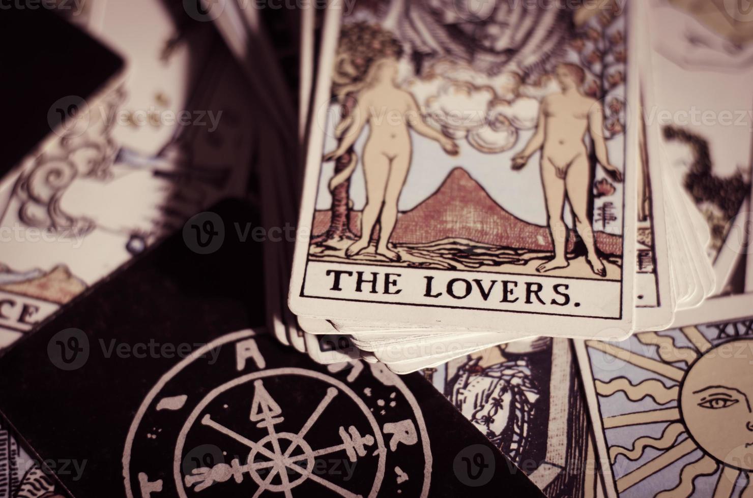 Tarot Cards with Card of Lovers and Good Meaning Cards. photo