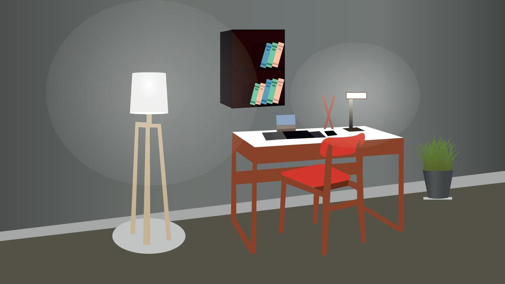 diseño de interiores de sala de lectura con mesa de lectura, estantería, silla, lámpara vector