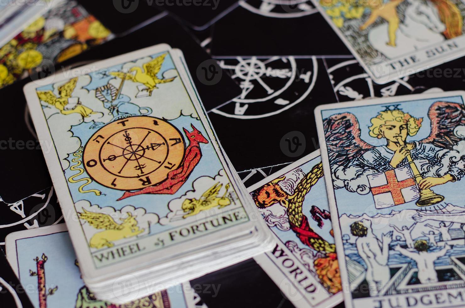 Tarot Cards with Card of Wheel of Fortune and Good Meaning Cards. photo