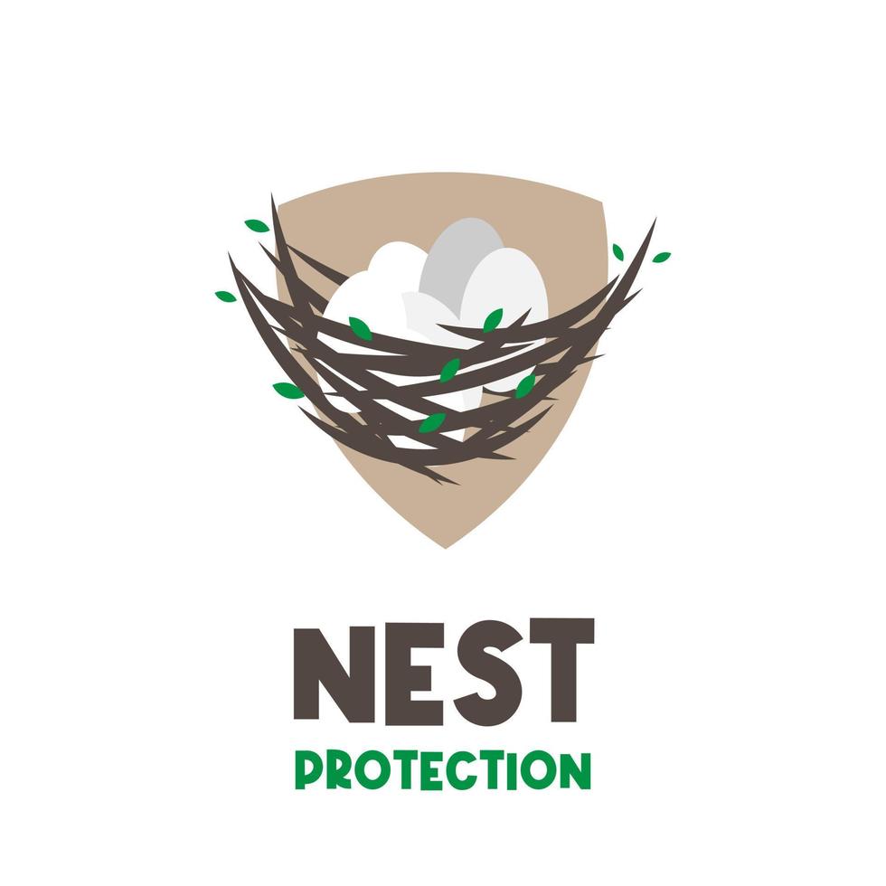 Logo illustration of shield and bird's nest protecting eggs vector