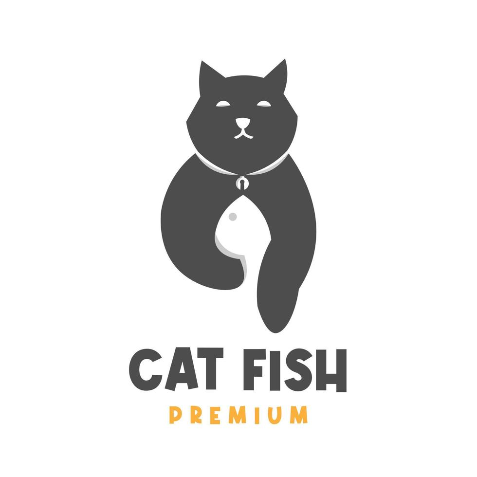 Negative space cat and fish combined illustration logo vector