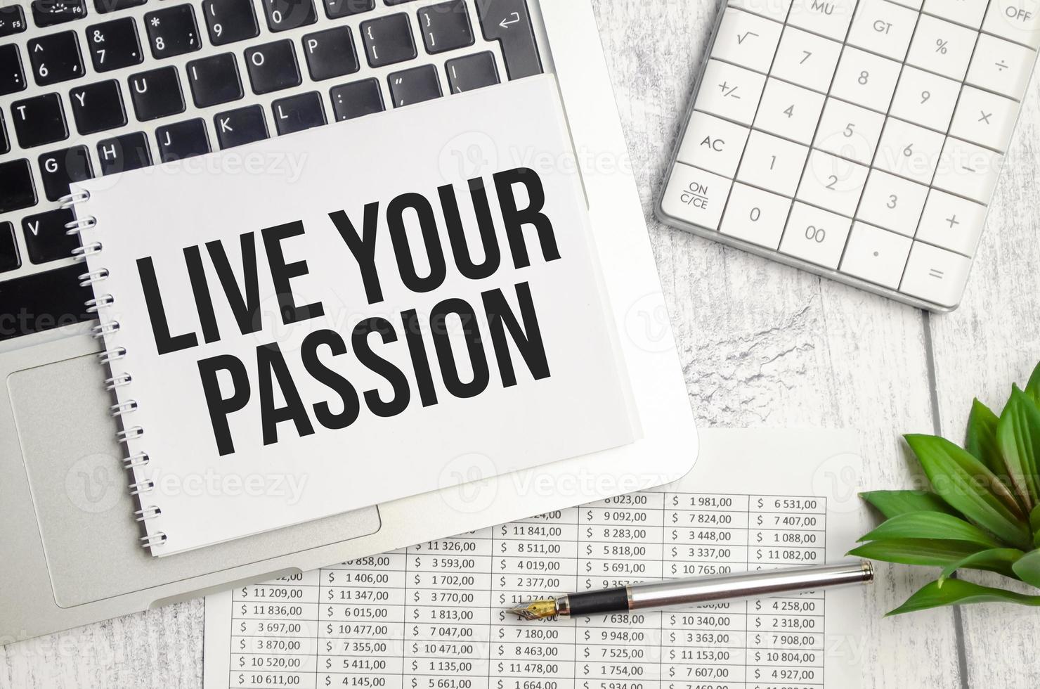 LIVE YOUR PASSION text on notepad and laptop, calculator and pen photo