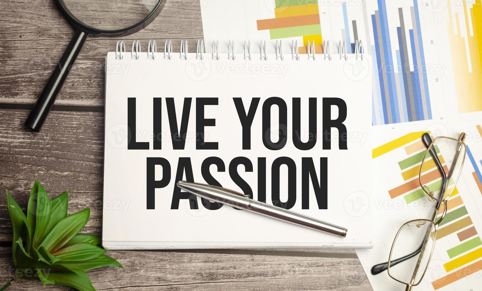 LIVE YOUR PASSION text on notepad and magnifier photo