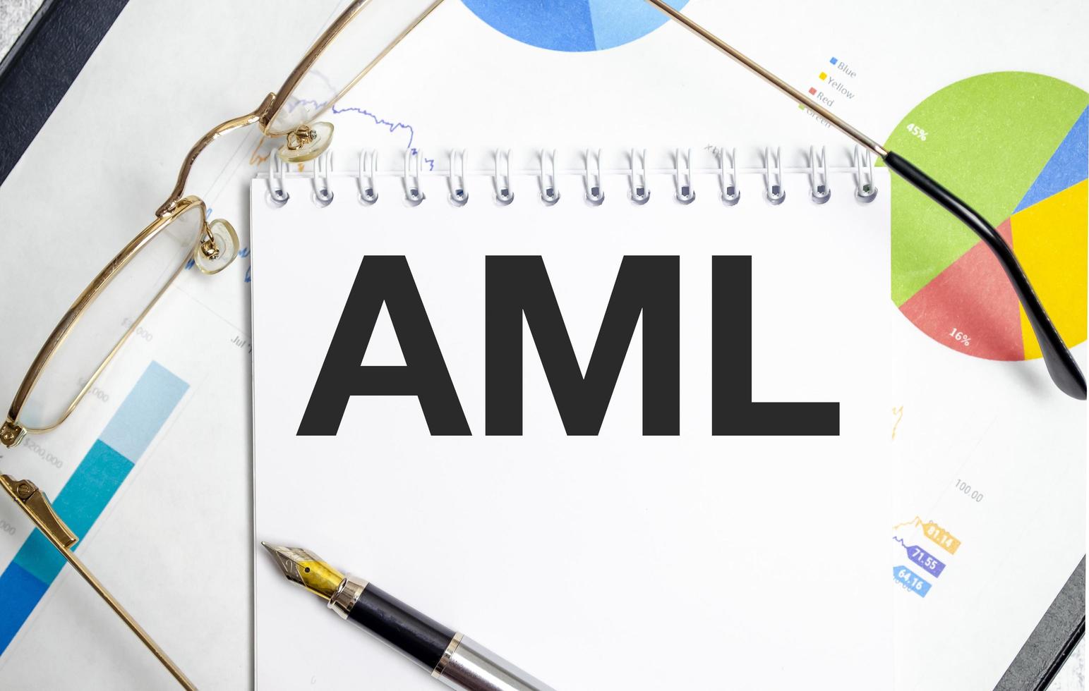 AML Anti-Money Laundering. Office table desk with supplies, white blank note pad and lead by example word photo