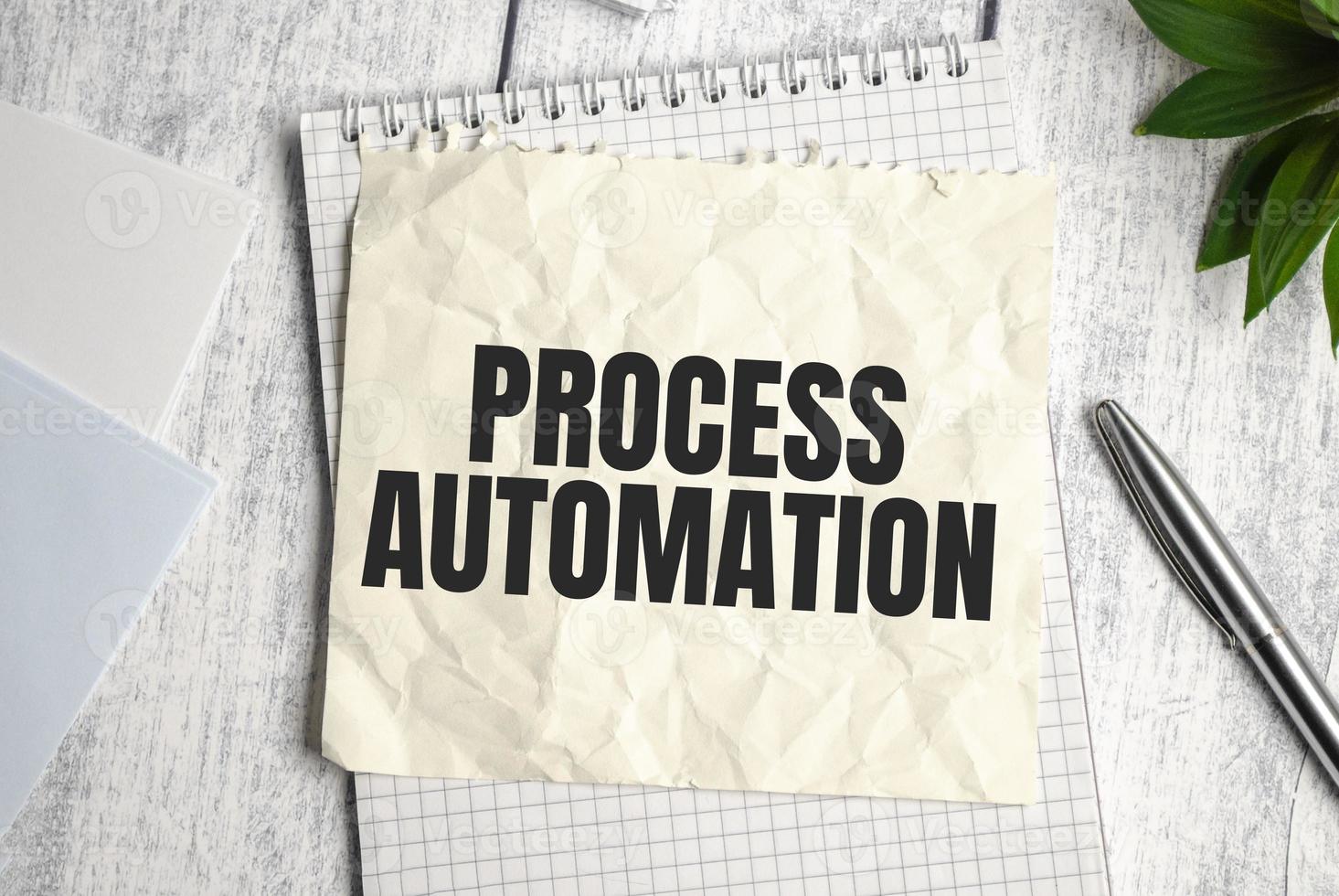 Text PROCESS AUTOMATION on Office desk on wooden background photo