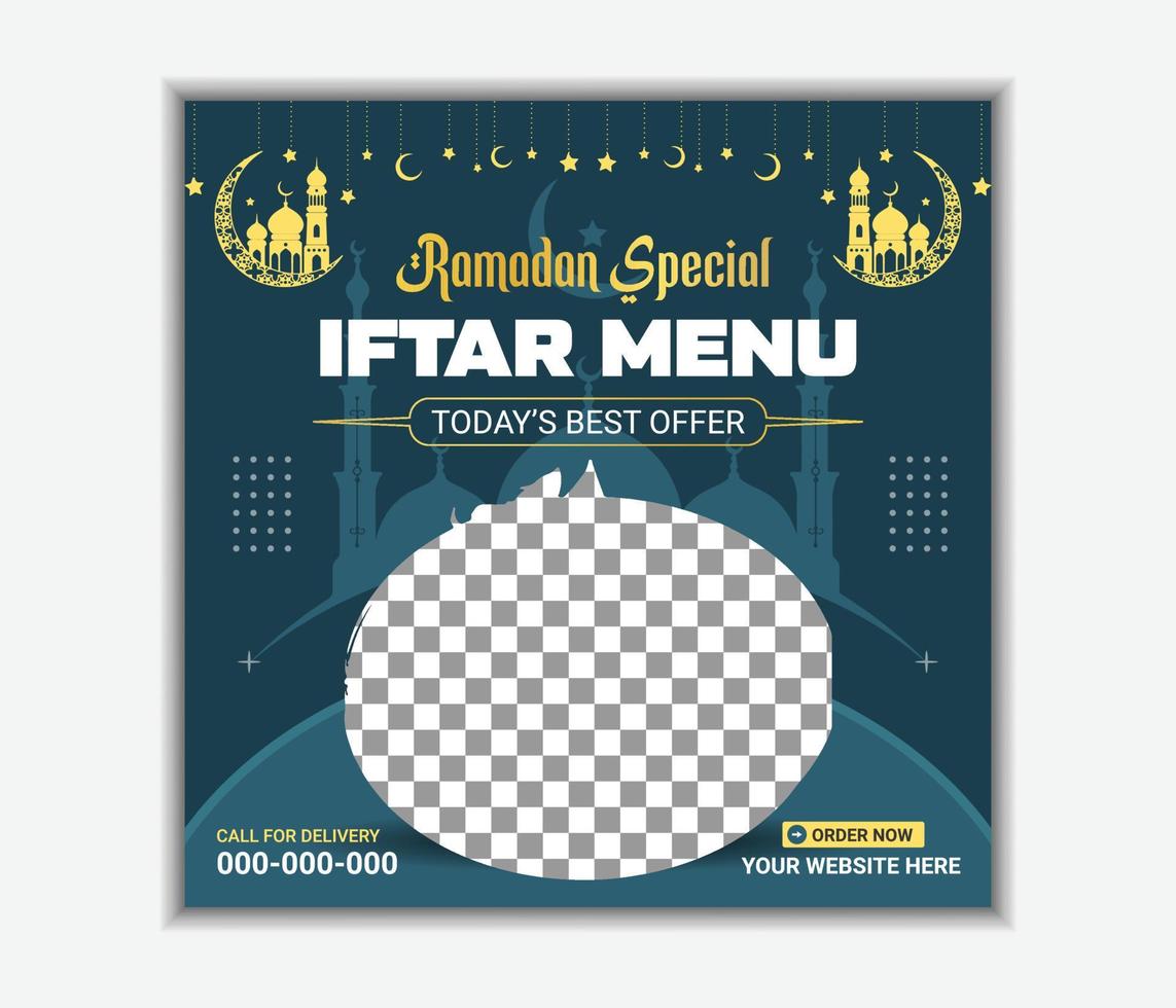 Ramadán delicioso menú iftar diseño de publicación en redes sociales vector