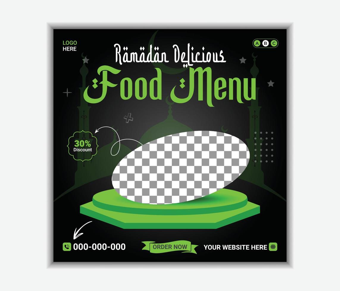 plantilla de publicación en redes sociales de banner de menú de comida deliciosa de ramadán. plantillas de redes sociales editables para promociones en el menú de comida. vector