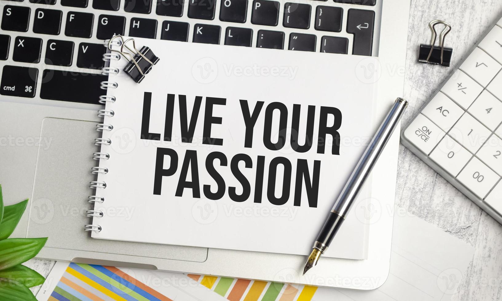 LIVE YOUR PASSION text on notepad and laptop, calculator and pen photo