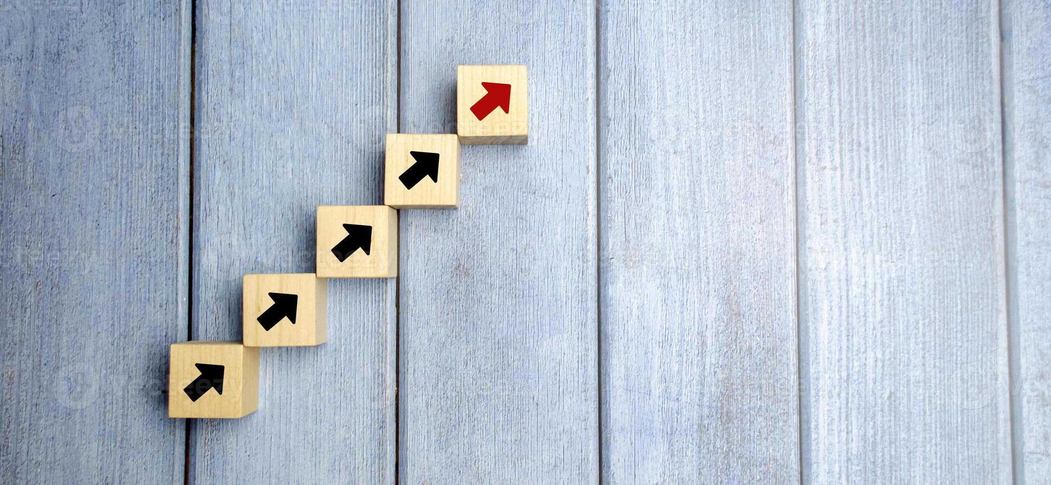 wooden blocks stacking as step stair with arrow up, Business growth success process concept, copy space photo