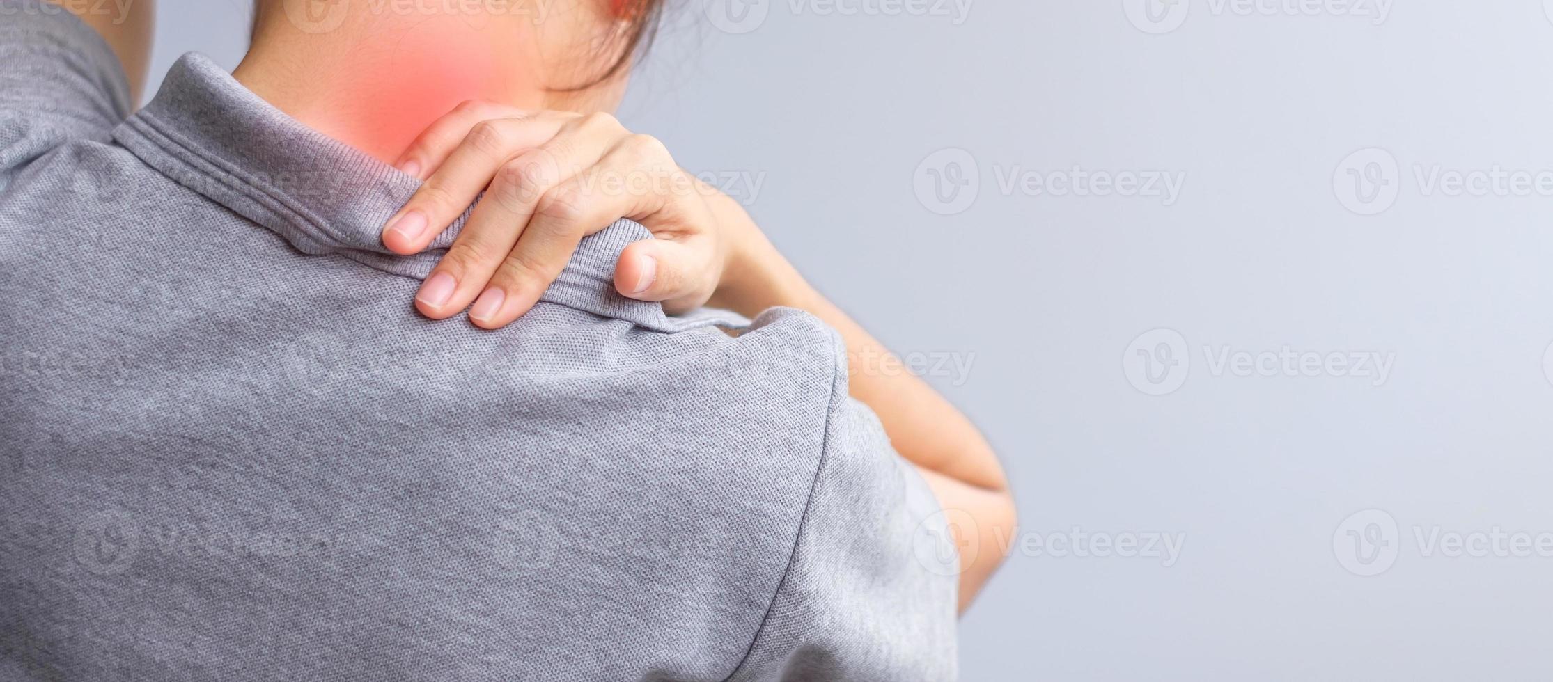 woman with her neck sprain, muscle painful during overwork. Girl having