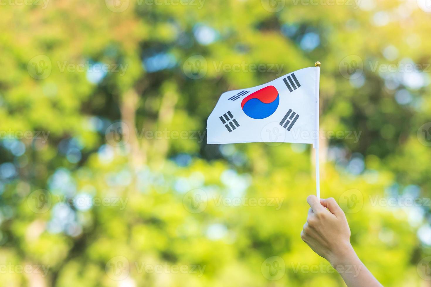 hand holding Korea flag on nature background. National Foundation, Gaecheonjeol, public Nation holiday, National Liberation Day of Korea and happy celebration concepts photo