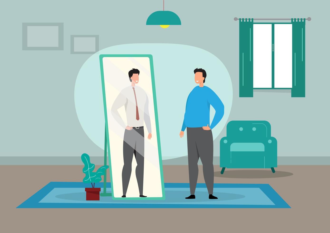 overweight man looking at himself reflection in the mirror and encourage yourself for one day to come back in shape vector