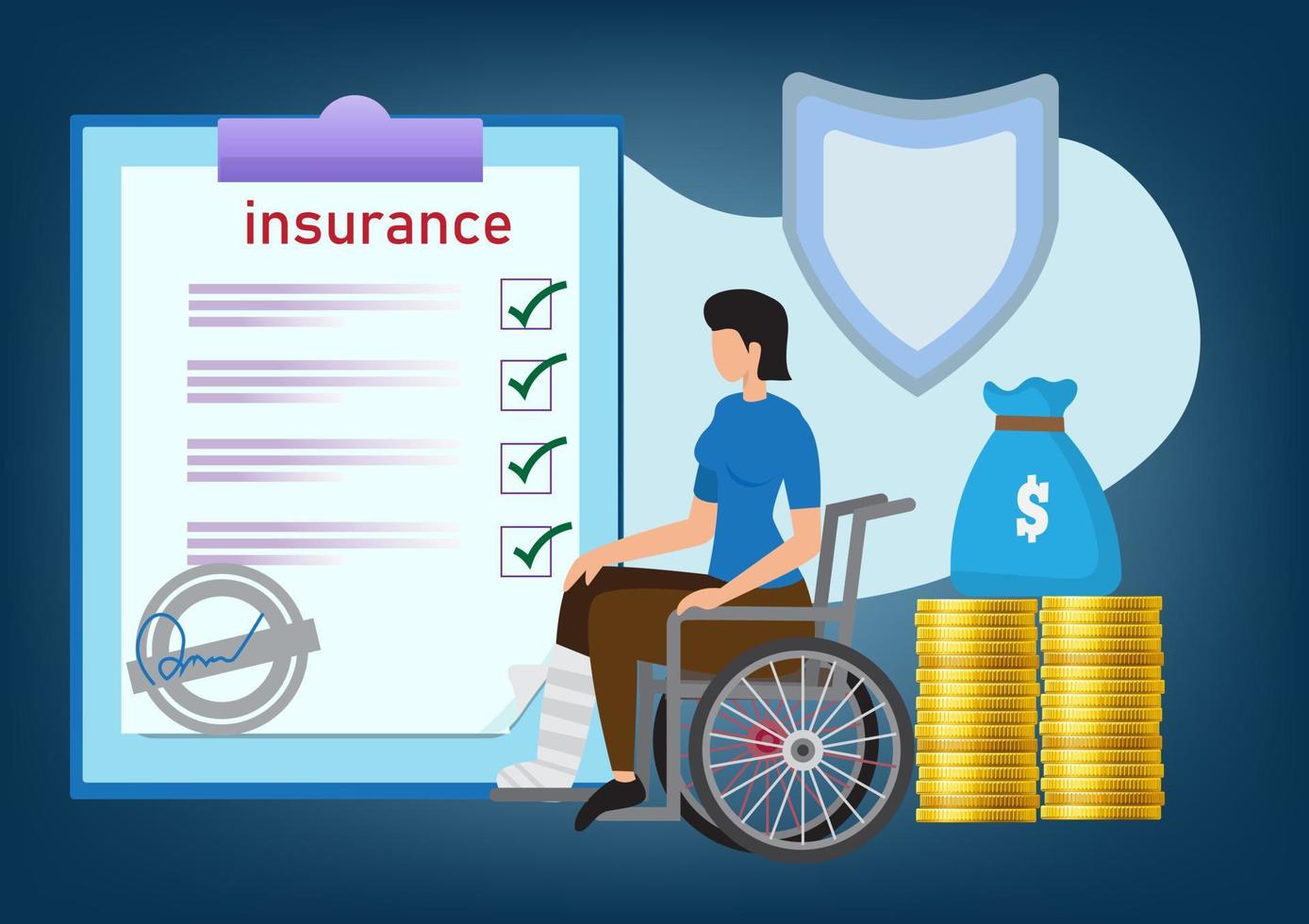 Accident insurance, a woman in a wheelchair with a bandage on her leg received a claim. from accident insurance vector