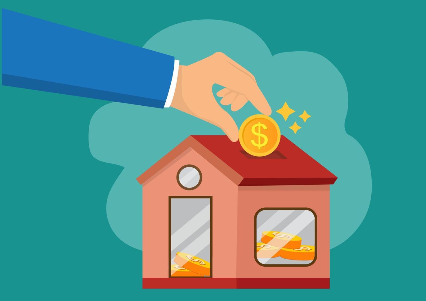 man investing money in the house A house is like a piggy bank. vector illustration design