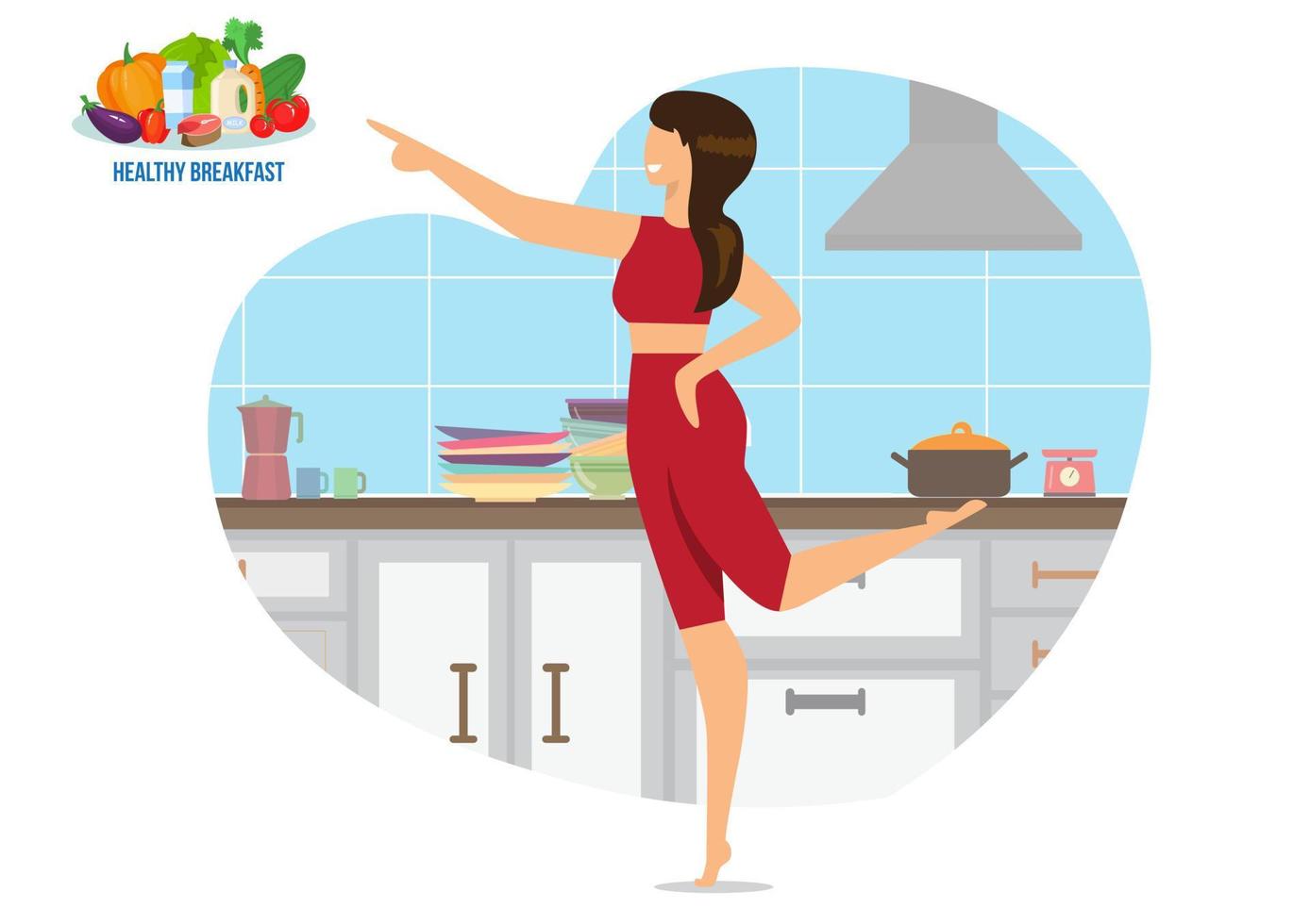 A woman standing in the kitchen pointing to a tray of vegetarian food serving fresh fruit and vegetables. healthy lifestyle vegetarian nutrition vector